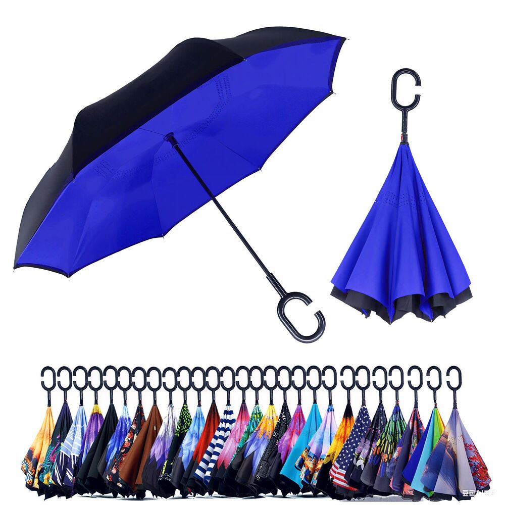 56" Inverted Reverse Upside Down Umbrella Double Canopy Windproof, Sapphire Blue